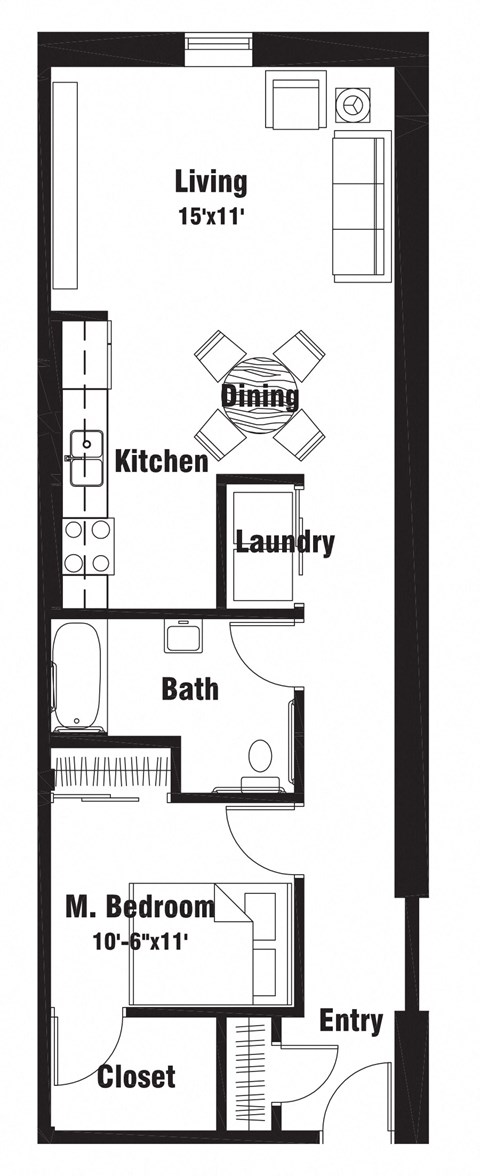 Floor plan for 1 bed, 1 bath, 722 sqft